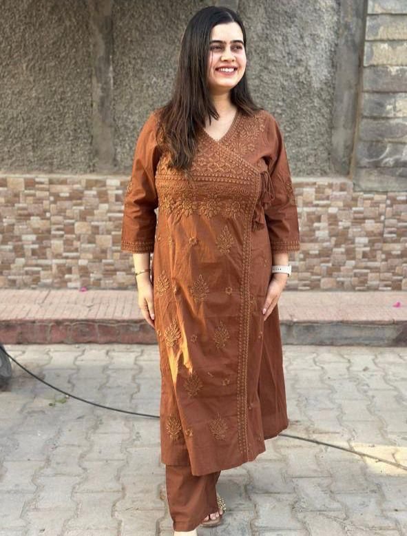 Brown Chikankari Cotton Angrakha Kurti Pant Set